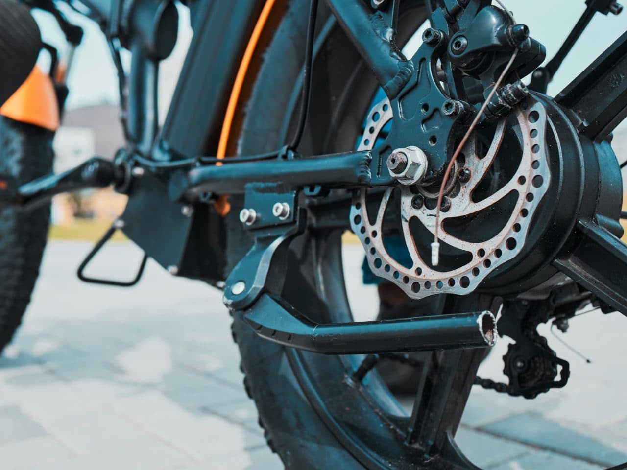 Close up of an e bike tire and brakes